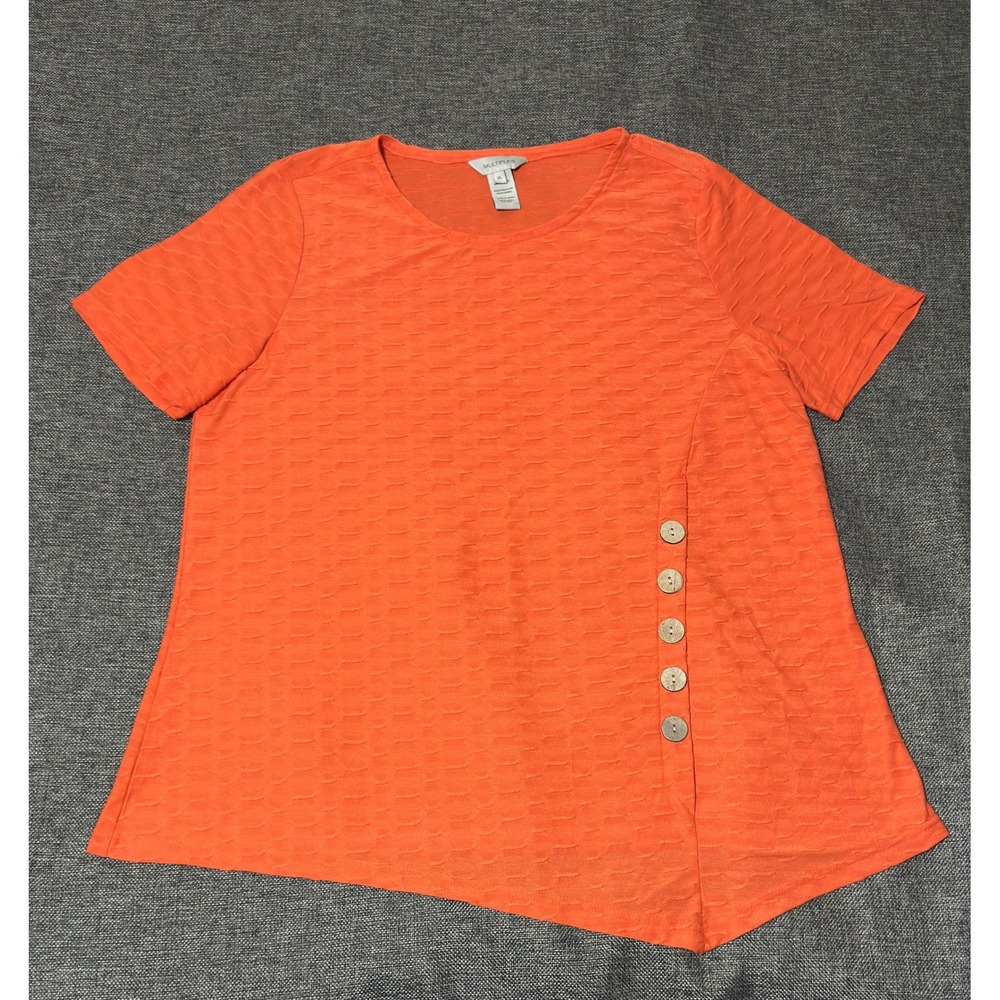 Multiples‎ Women's XL Short Sleeve Top Orange Textured Asymmetric Button Detail